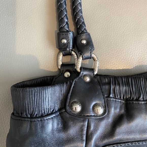 Stuart Weitzman black genuine leather shoulder bag satchel braided straps - Picture 6 of 16
